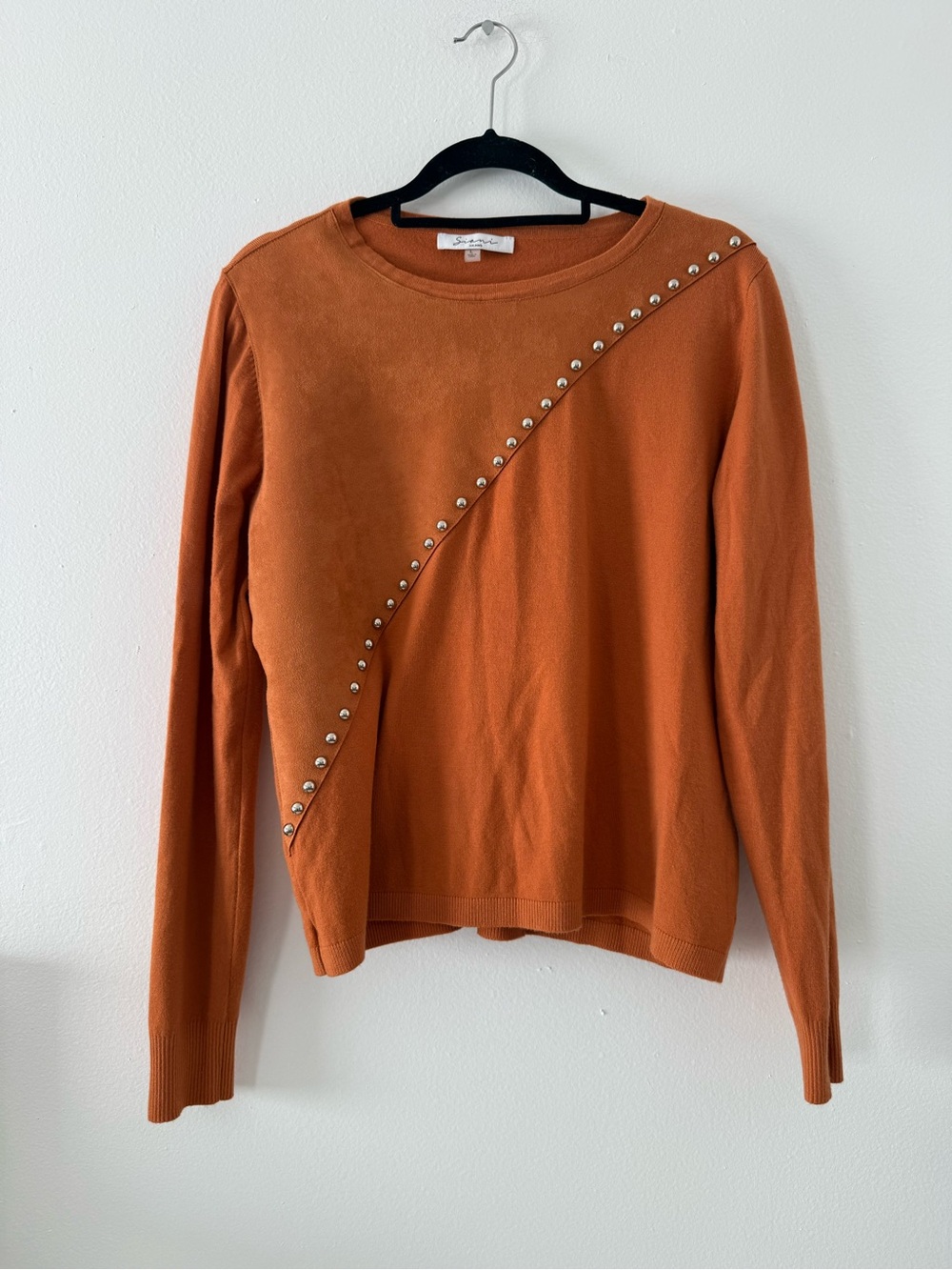 Sioni Rust Stud-Trim Long Sleeve Crewneck Sweater